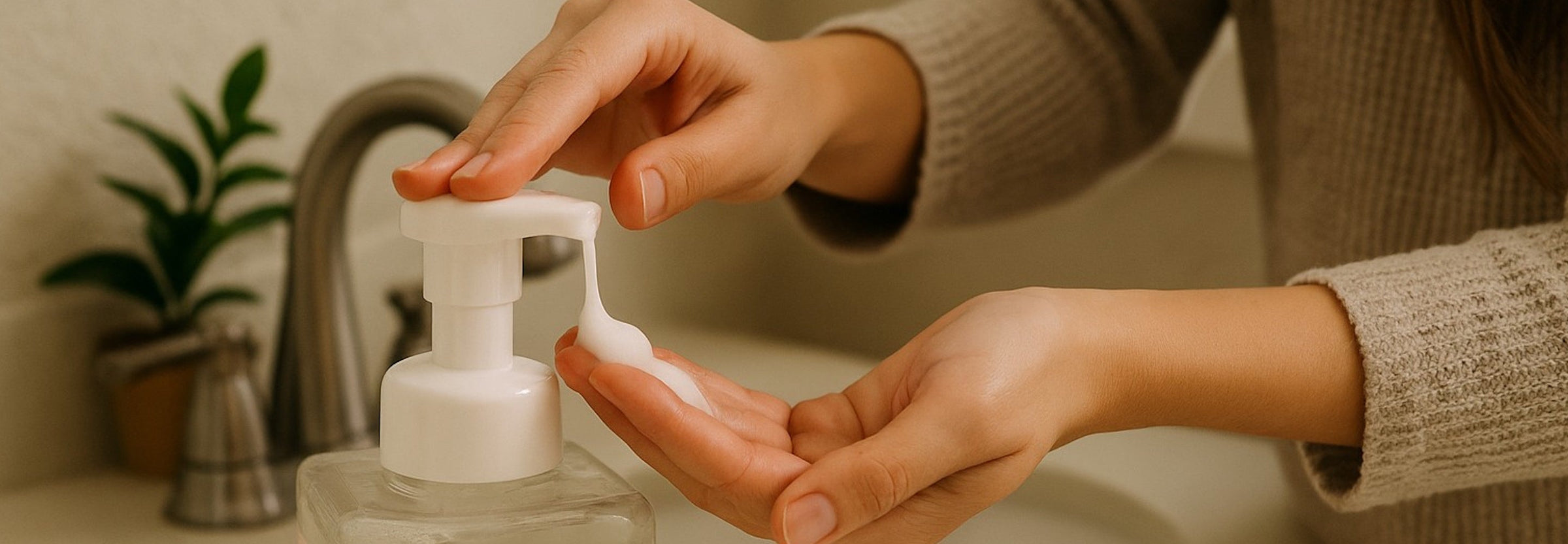 A model placing foaming hand soap into her palm.