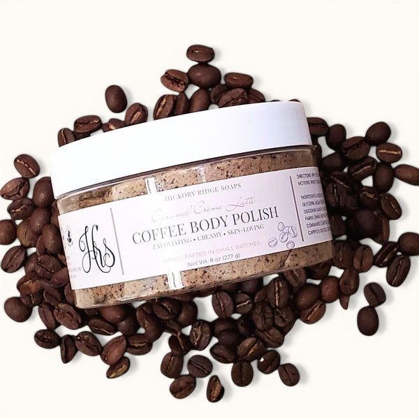 Coffee body polish with coffee beans on a white background