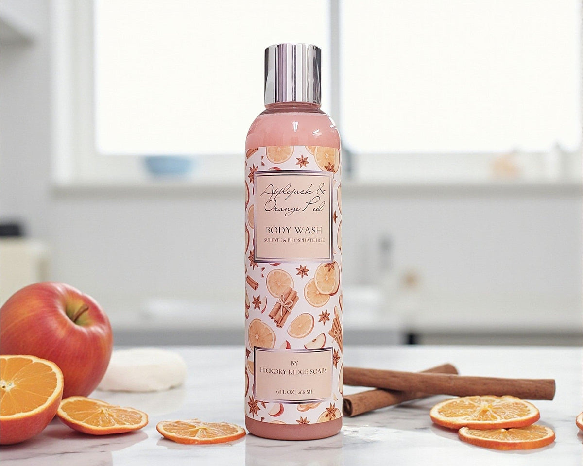 Body wash bottle with fruit and cinnamon on a table