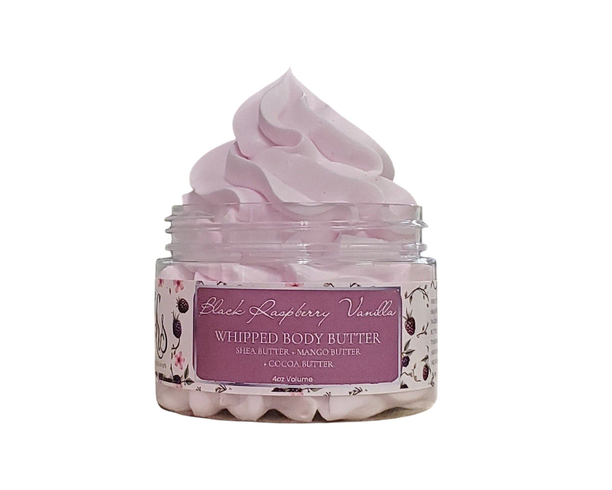 Jar of black raspberry vanilla whipped body butter on a white background