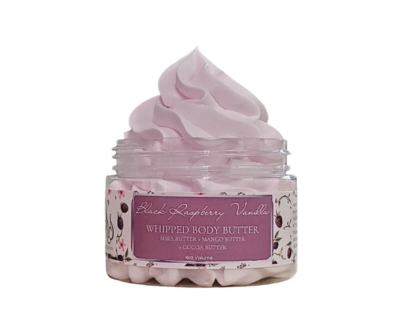 Jar of black raspberry vanilla whipped body butter on a white background