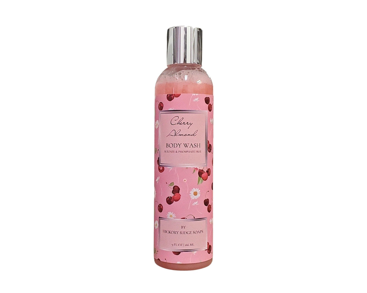 Body wash bottle with cherry design on a white background