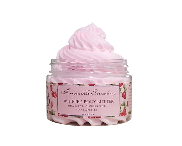 Jar of whipped body butter with pink cream on a white background