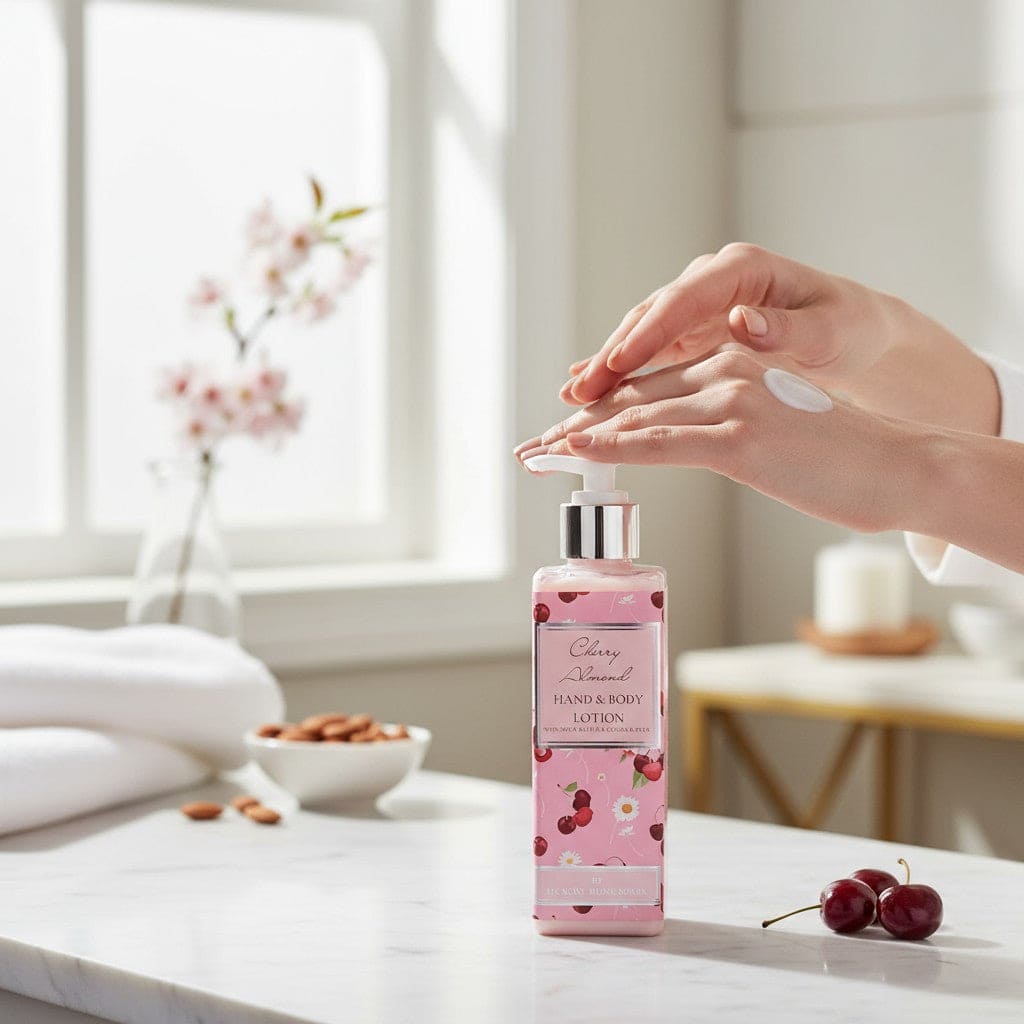 Hand applying cherry-themed lotion on a marble surface with cherry decorations.