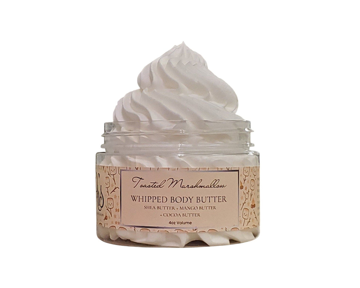 Jar of whipped body butter labeled ' Toasted Marshmallows' on a white background