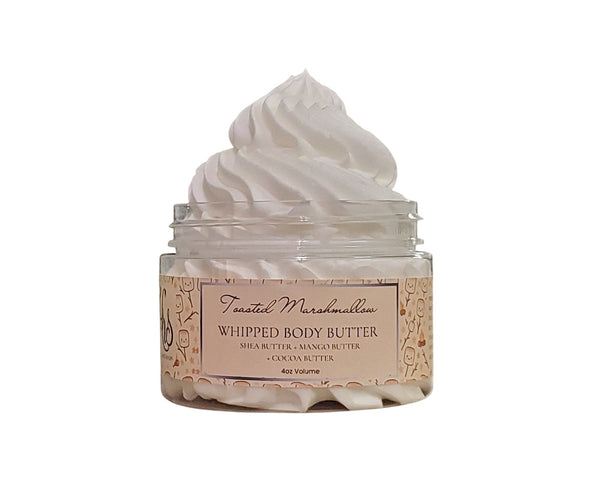 Jar of whipped body butter labeled ' Toasted Marshmallows' on a white background