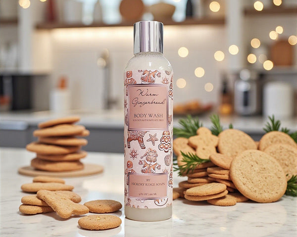 Body wash bottle with gingerbread design on a kitchen counter with cookies