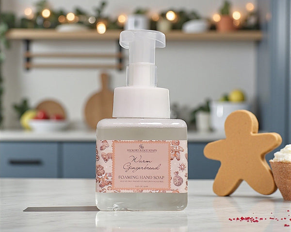 Foaming hand soap bottle with gingerbread theme in a kitchen setting