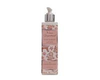 Hand and body lotion bottle with pink label on a white background