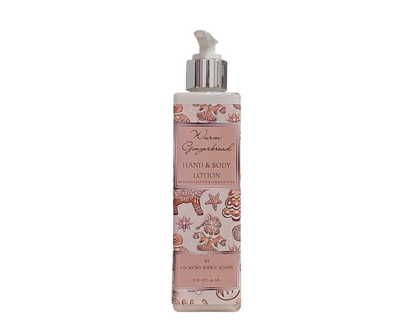 Hand and body lotion bottle with pink label on a white background