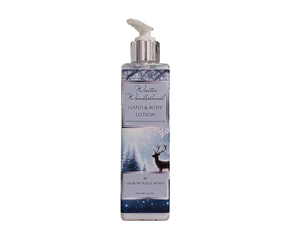 Hand and body lotion bottle with winter-themed label on a white background