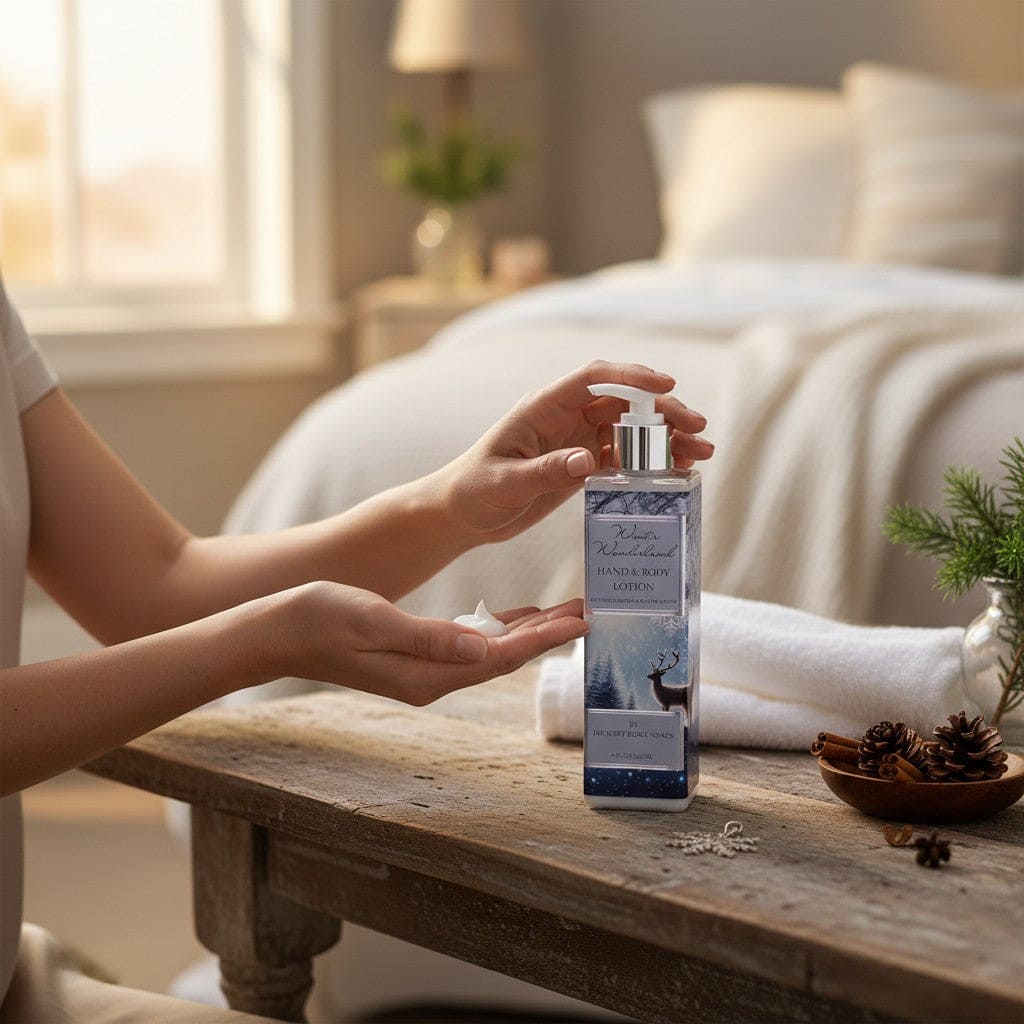 Person holding a bottle of lotion on a wooden table in a bedroom setting