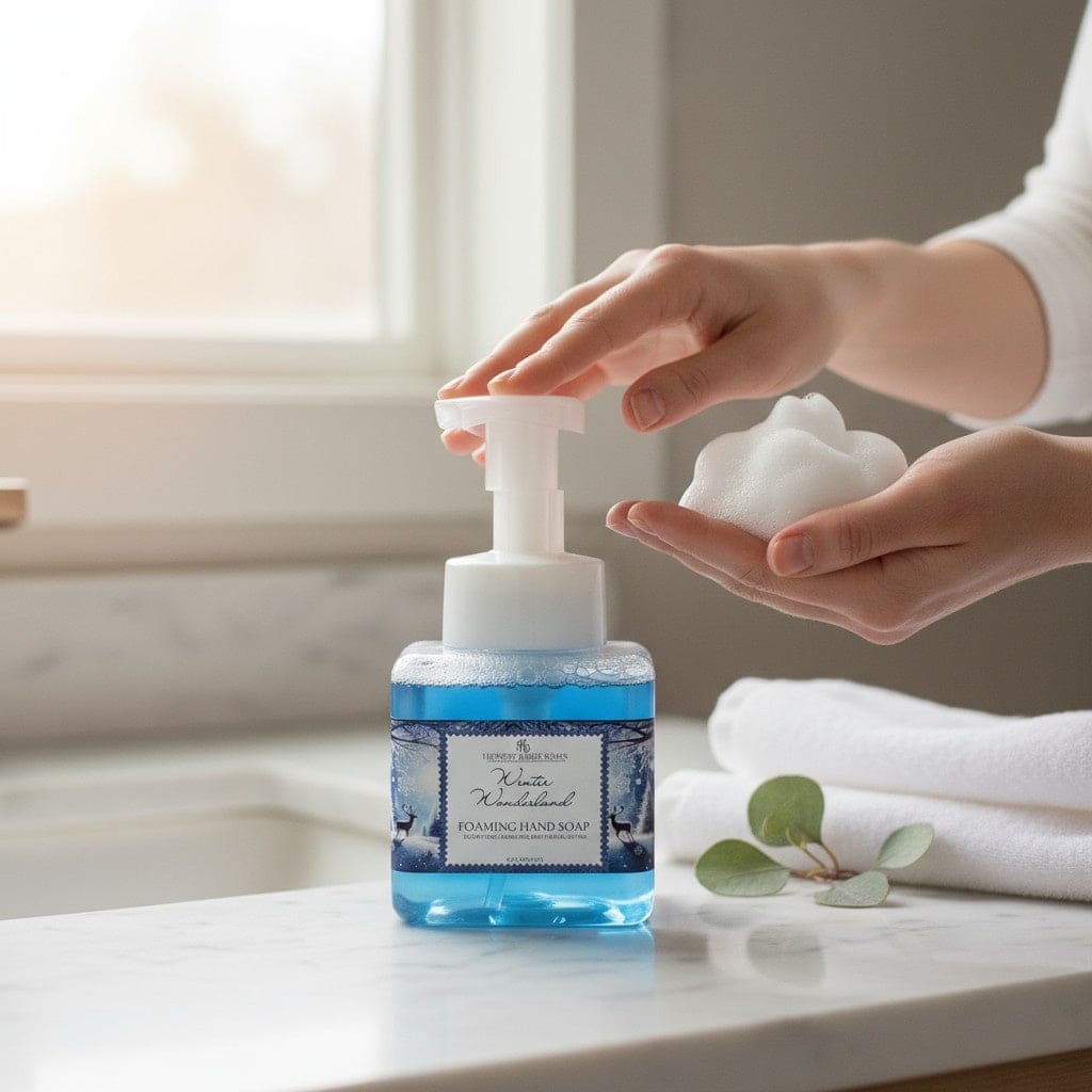 Foaming hand soap being dispensed onto a hand with a neutral background