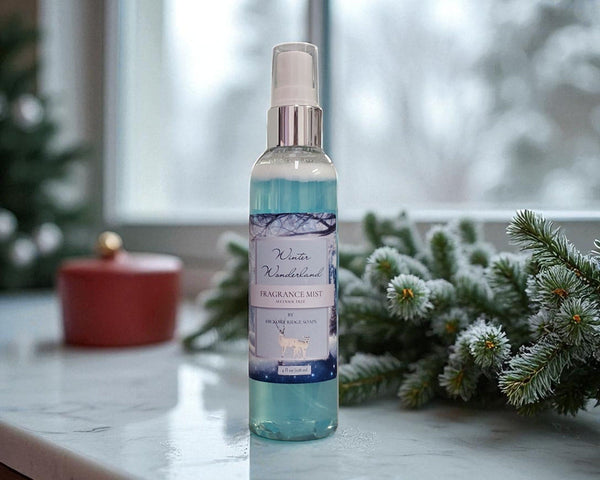 Body spray with a decorative label on a surface with a blurred background